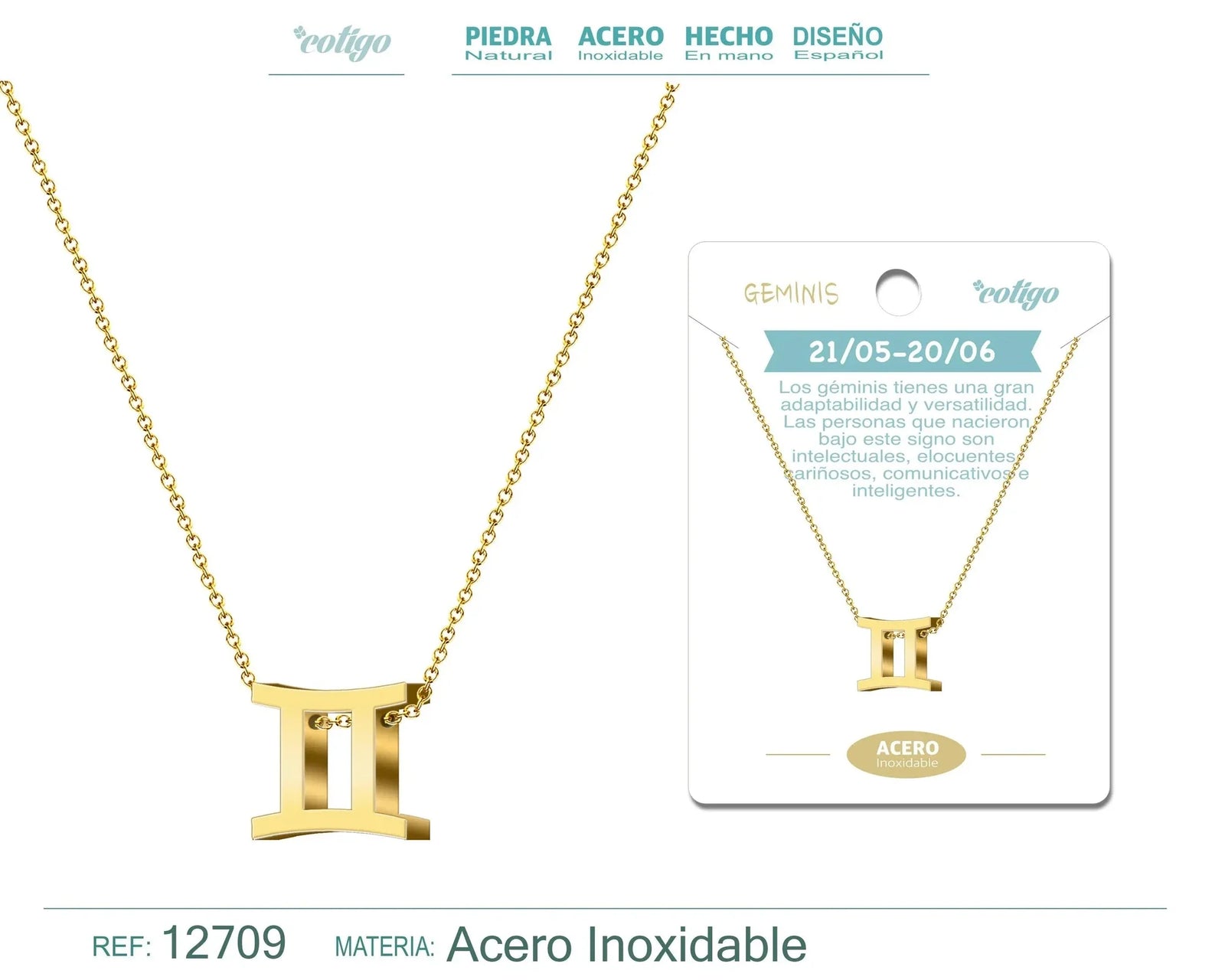 Collar Acero Zodiaco Géminis Dorado