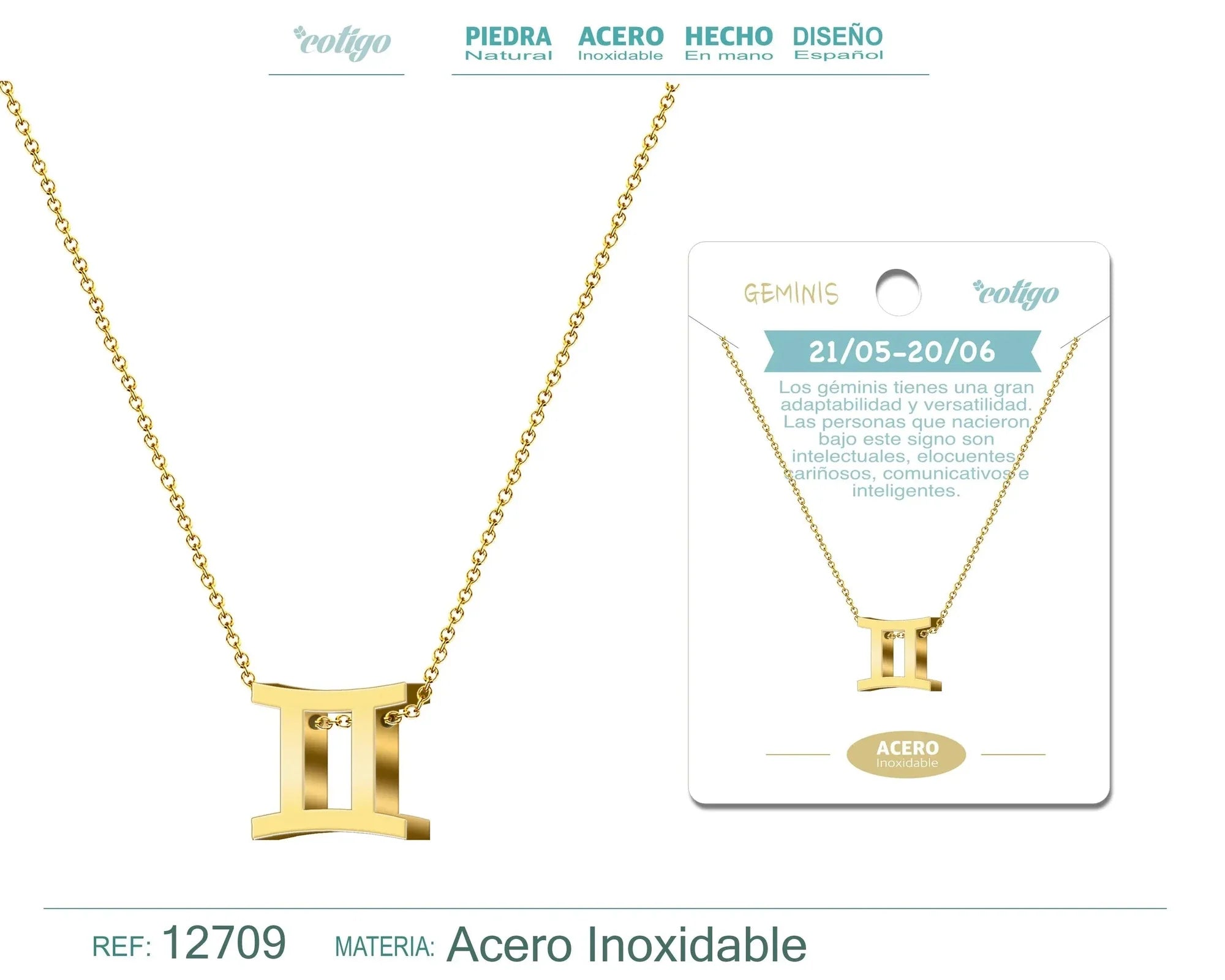 Collar Acero Zodiaco Géminis Dorado