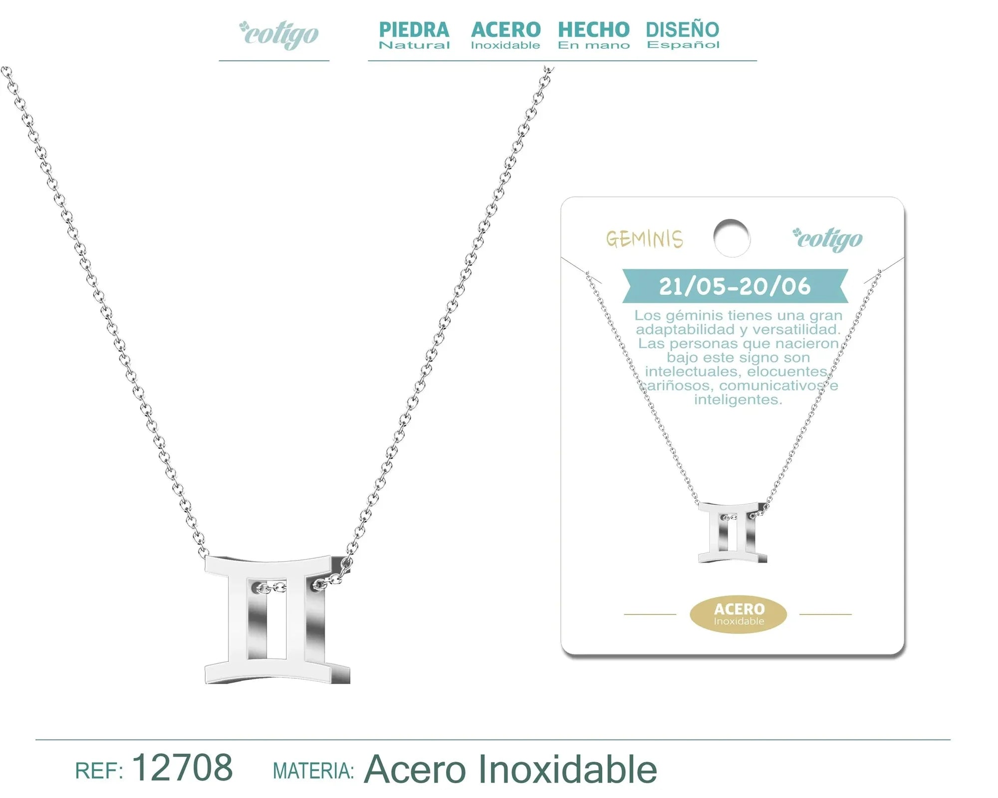 Collar Acero Zodiaco Géminis Plateado