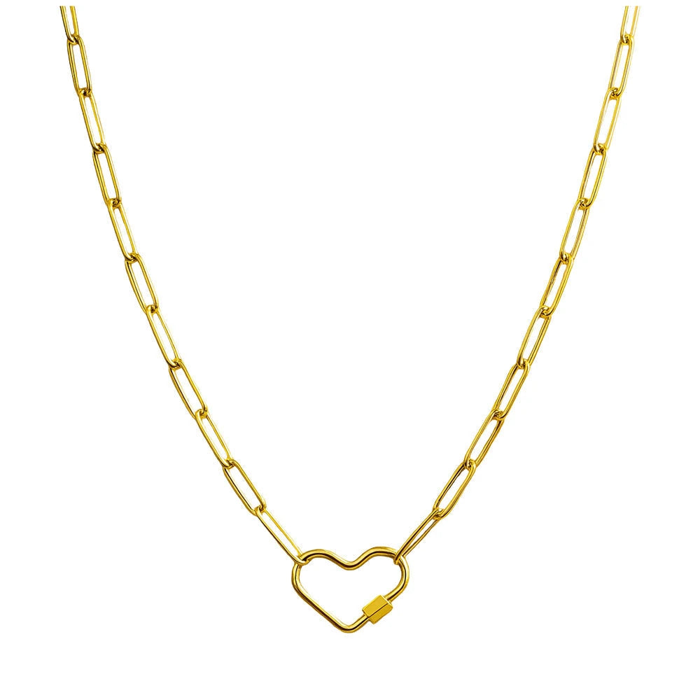Collar Cadena Paperclip Acero Dorado con Cierre Corazón para Charm