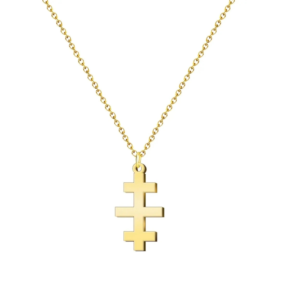 Collar de cadena fina con colgante de la Cruz de las Catacumbas con múltiples travesaños en acero inoxidable dorado.