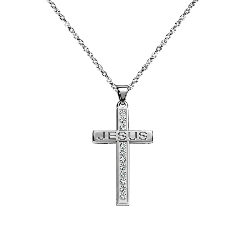 Collar con Cruz grabado con Sagrada Escritura en Acero - Plateado