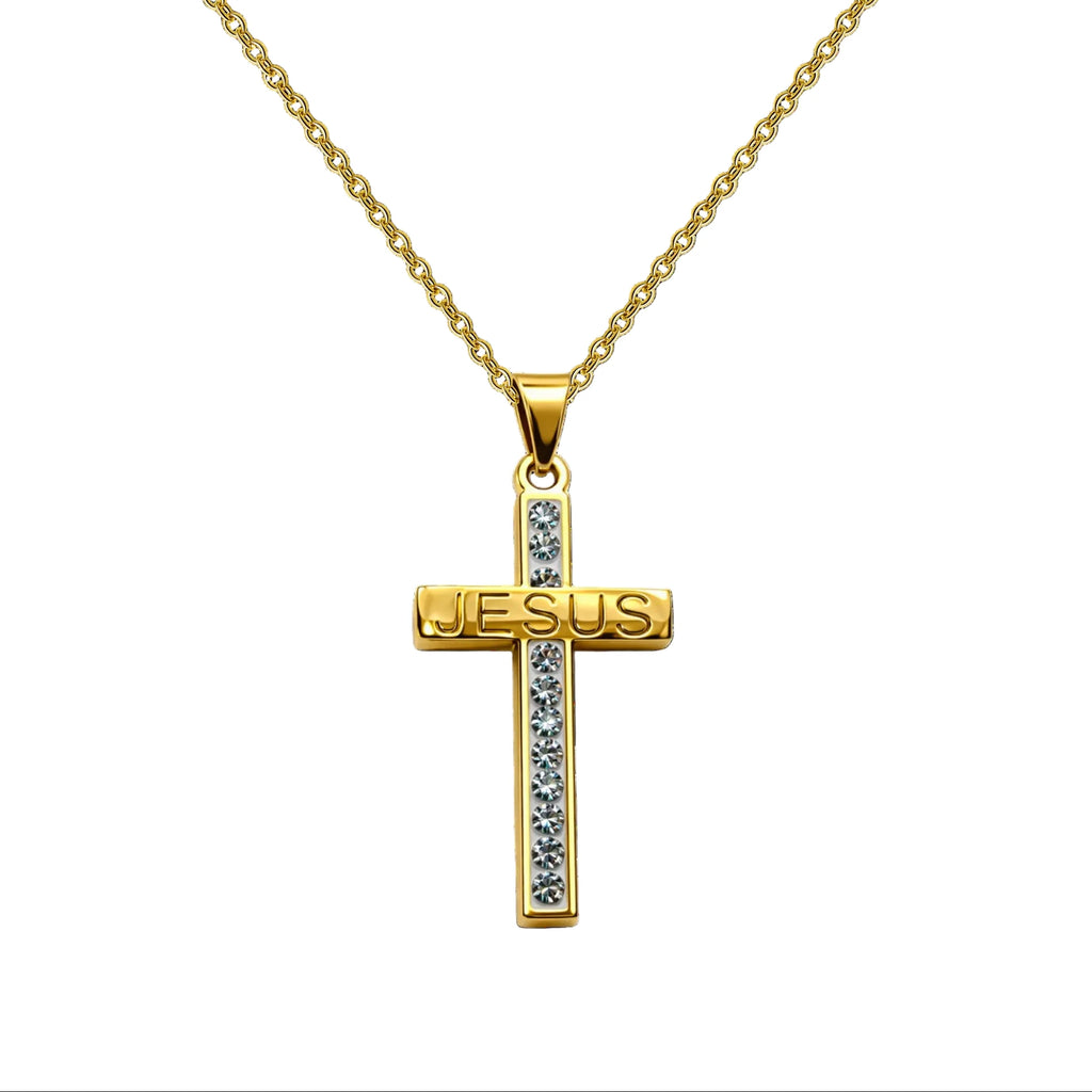 Collar con Cruz Grabado con Sagrada Escritura en Acero Dorado
