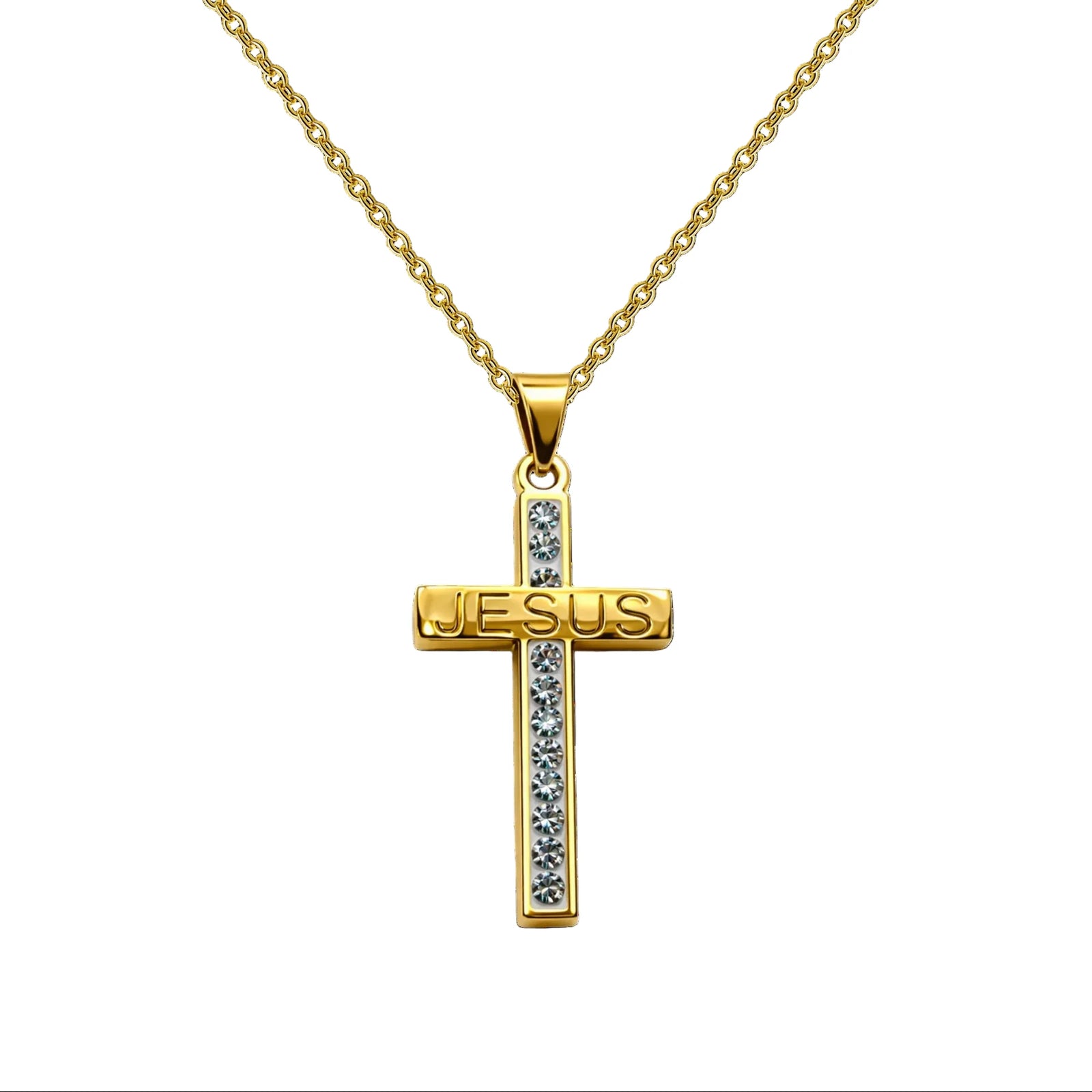 Collar con Cruz Grabado con Sagrada Escritura en Acero Dorado