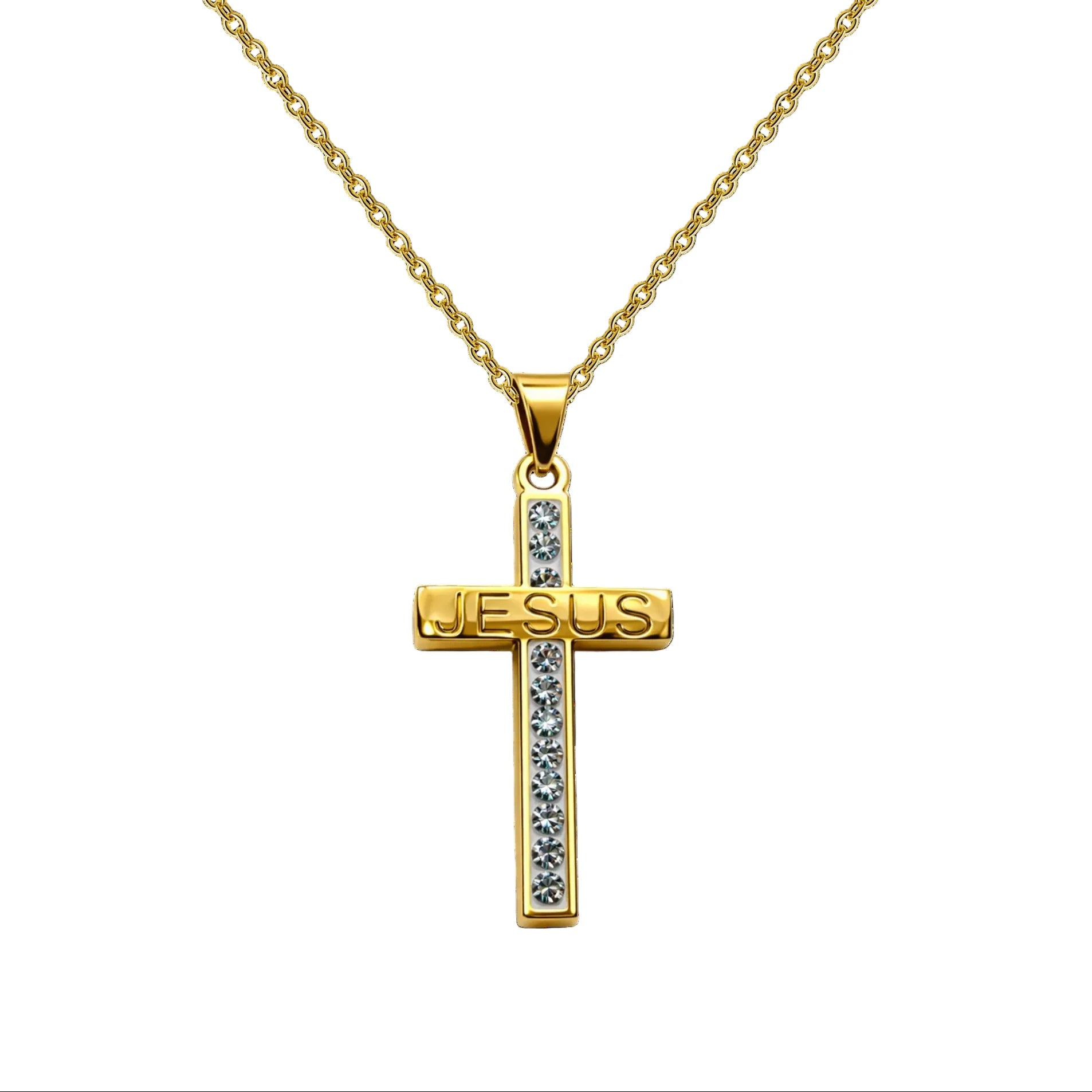 Collar con Cruz Grabado con Sagrada Escritura en Acero Dorado