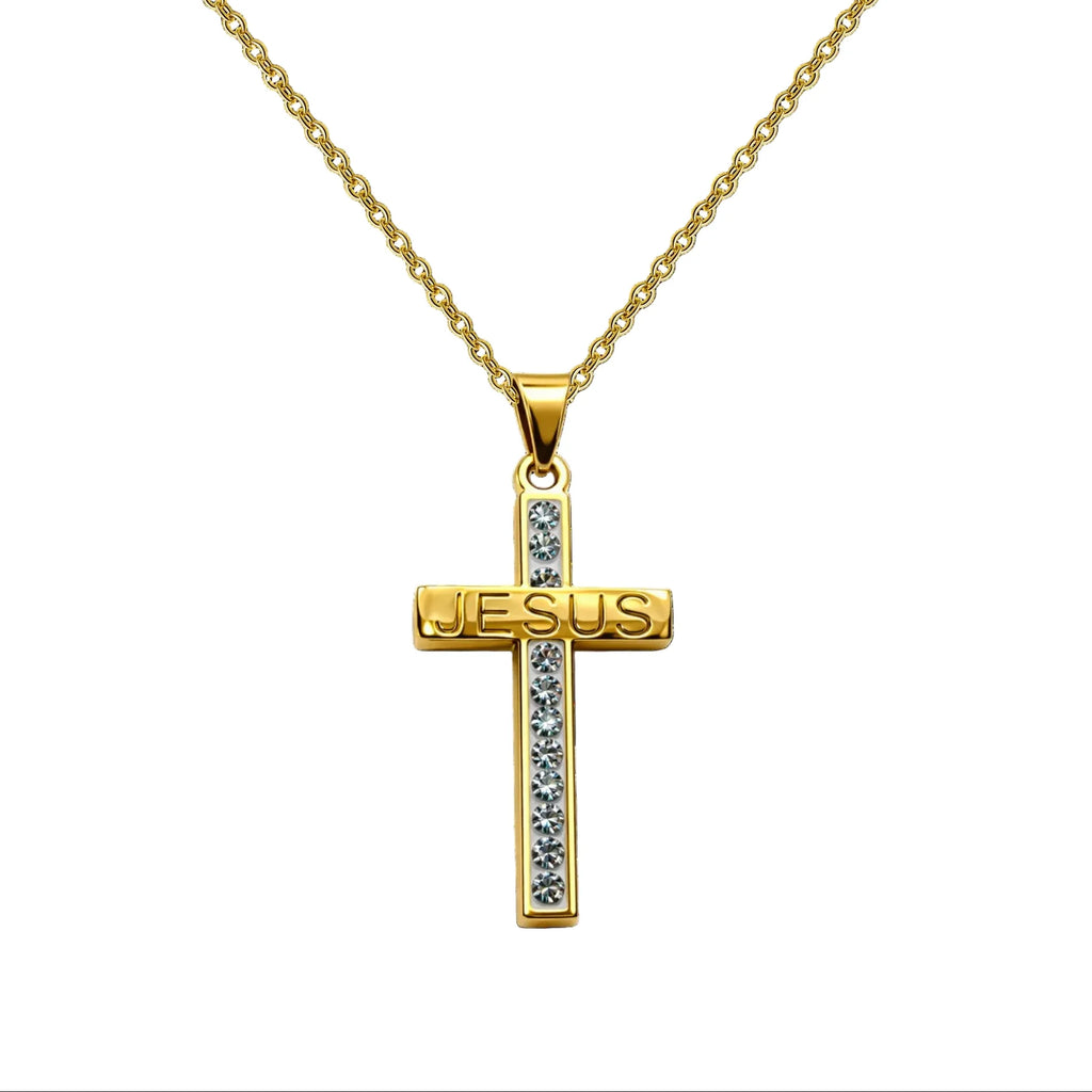 Collar con Cruz grabado con Sagrada Escritura en Acero Dorado - Dorado
