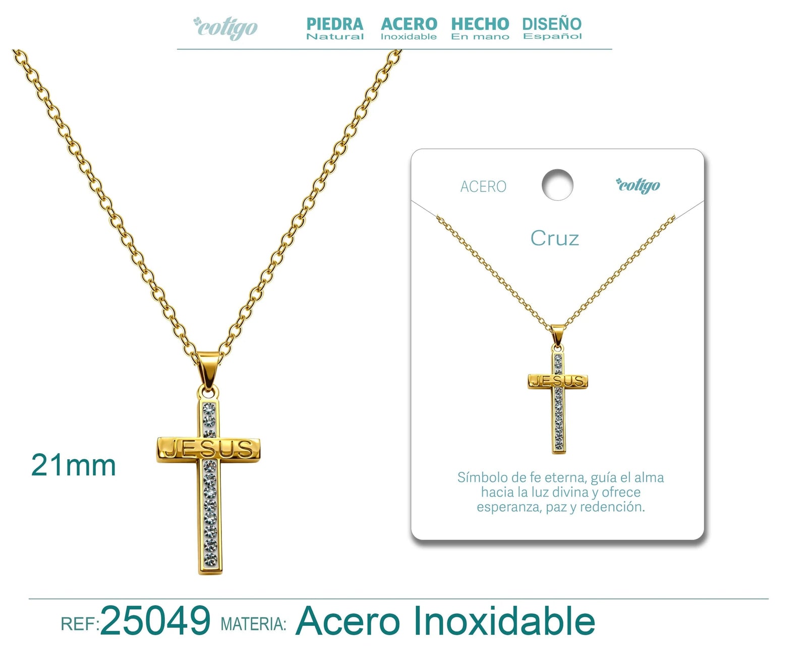 Collar con Cruz Grabado con Sagrada Escritura en Acero Dorado detalle