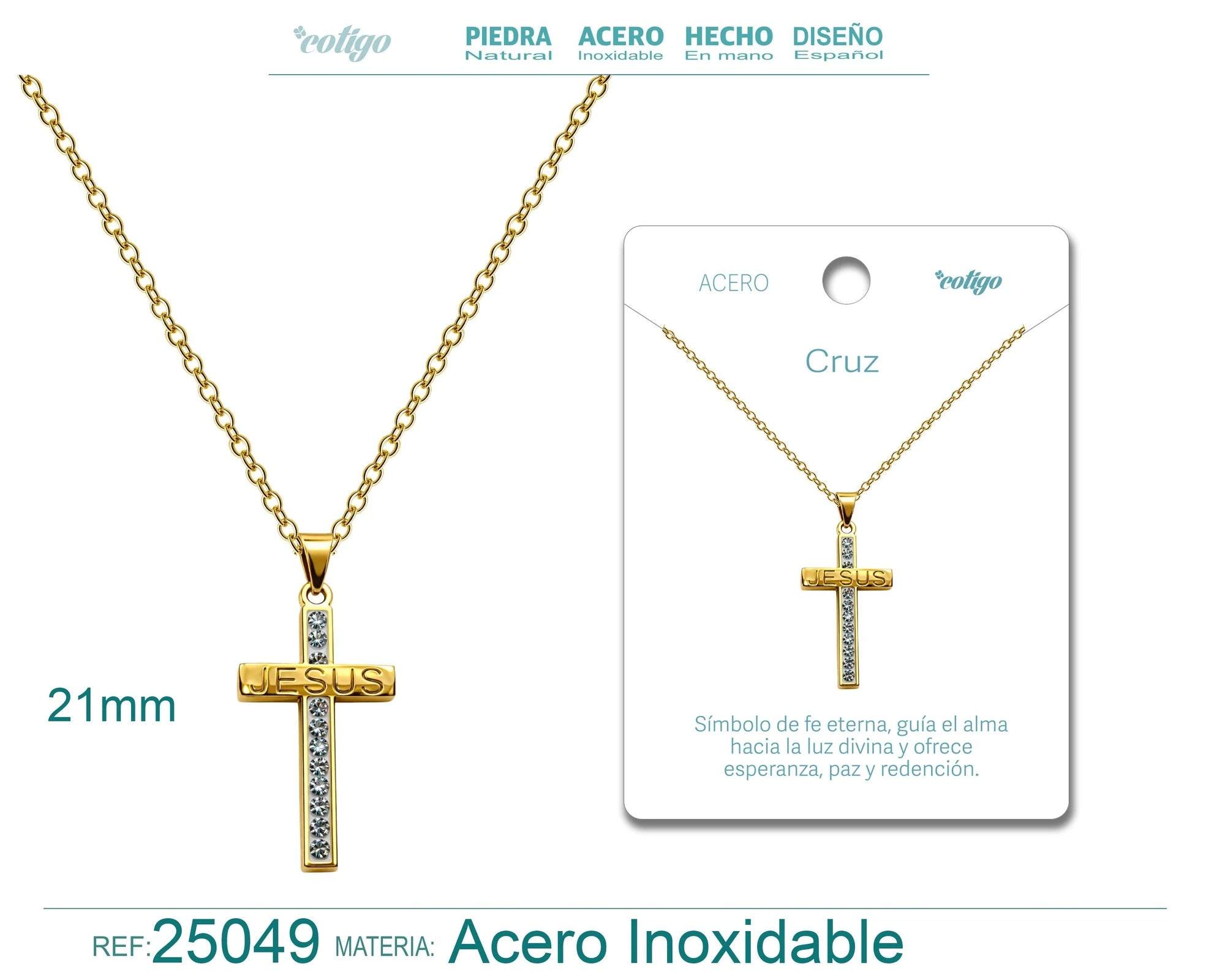 Collar con Cruz Grabado con Sagrada Escritura en Acero Dorado detalle