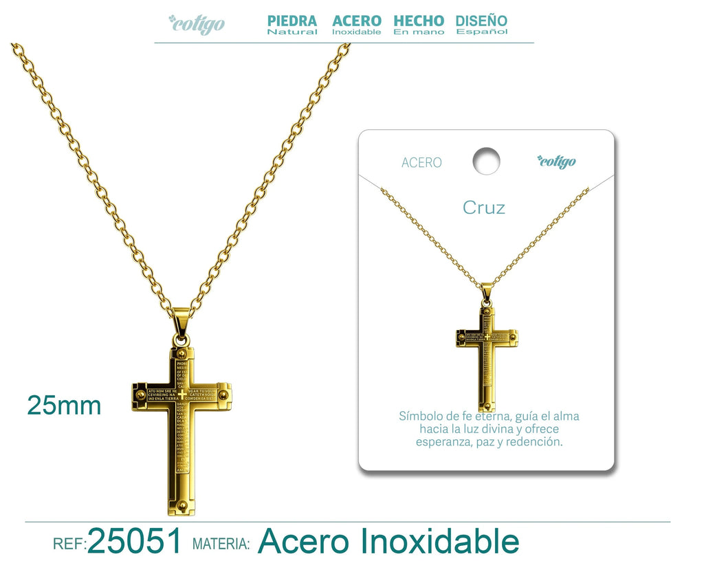 Collar con Cruz Grabado con Sagrada Escritura en Acero Dorado detalle