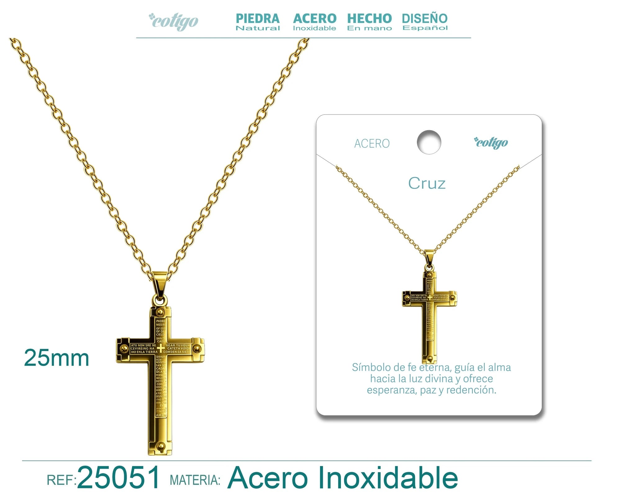 Collar con Cruz Grabado con Sagrada Escritura en Acero Dorado detalle