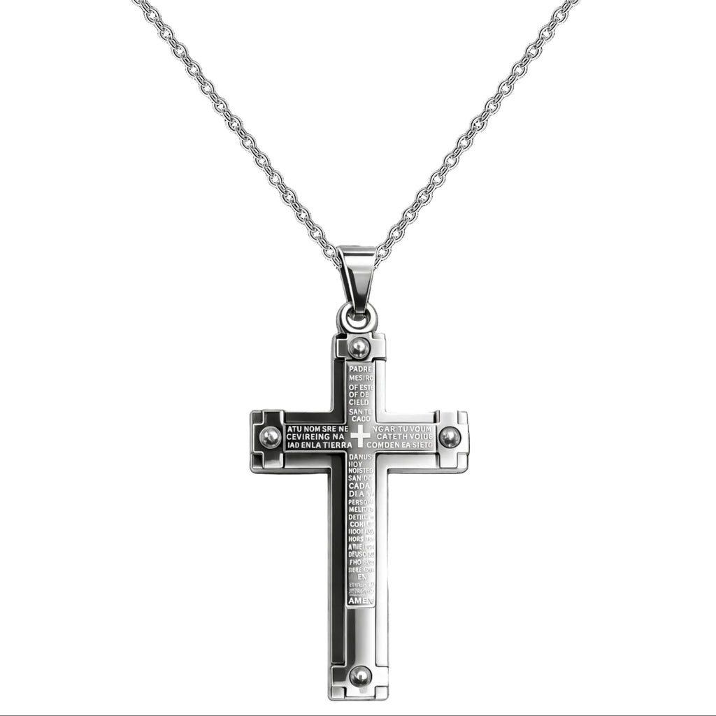 Collar con Cruz Grabado con Sagrada Escritura en Acero
