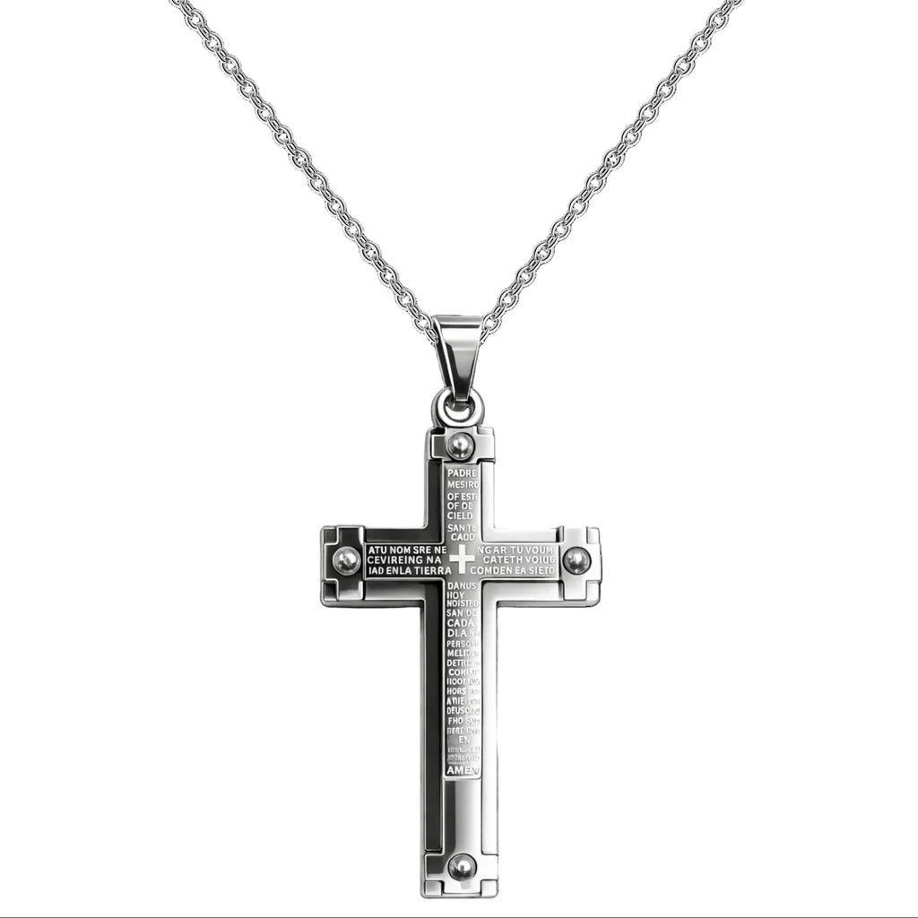 Collar con Cruz grabado con Sagrada Escritura en Acero - Plateado