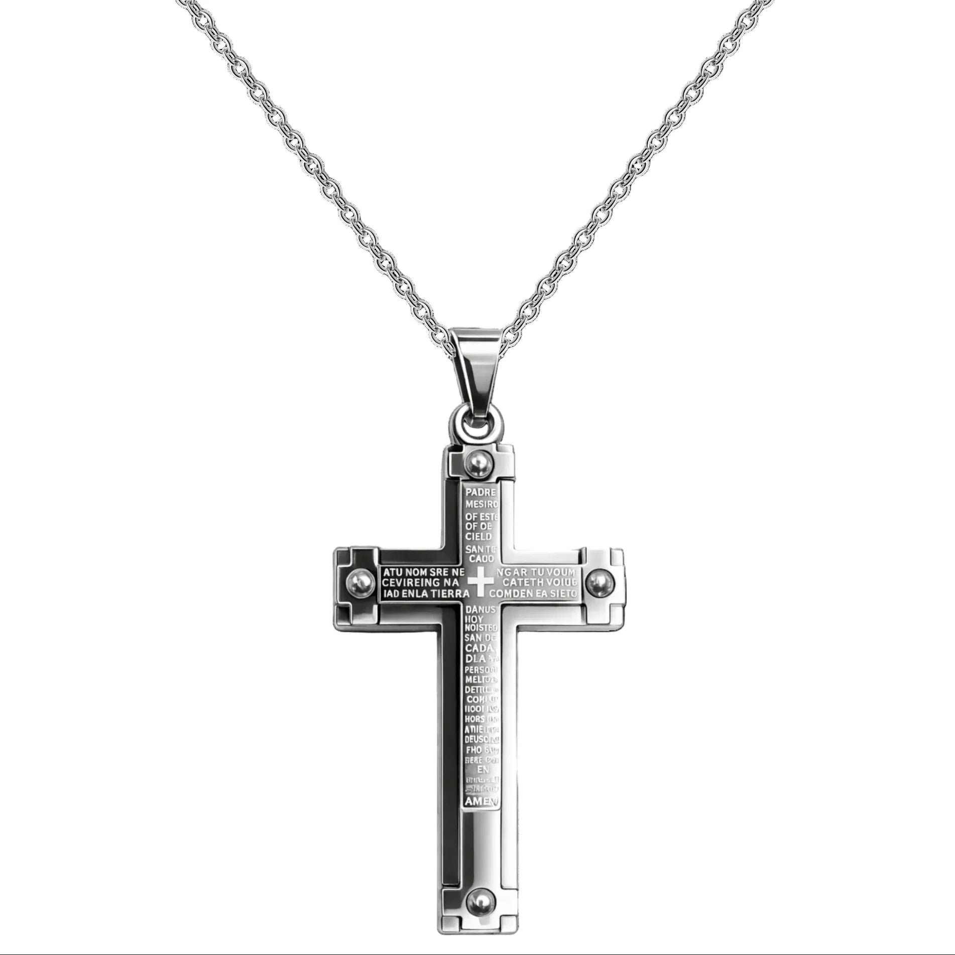 Collar con Cruz grabado con Sagrada Escritura en Acero - Plateado
