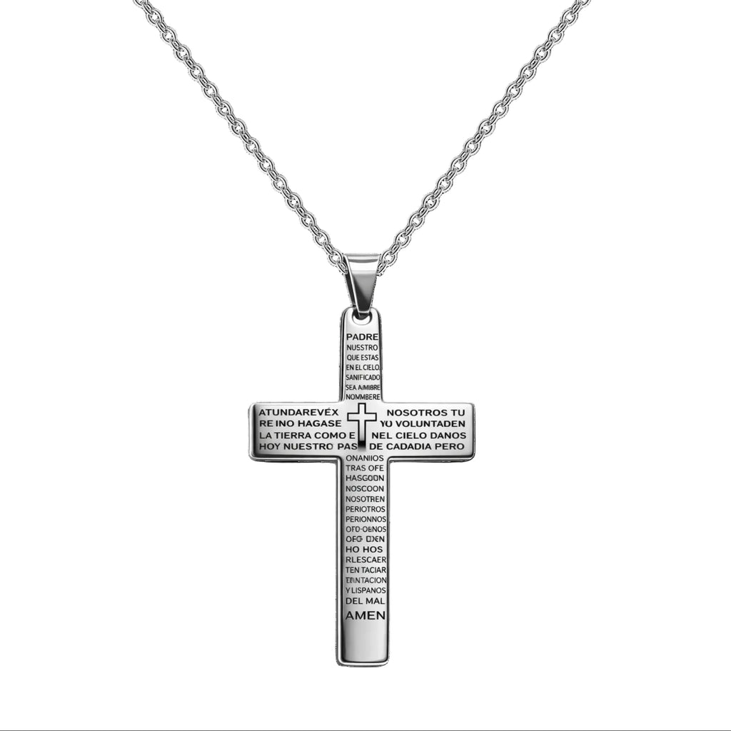 Medalla religiosa tipo cruz con oración del Padre Nuestro grabada en acero