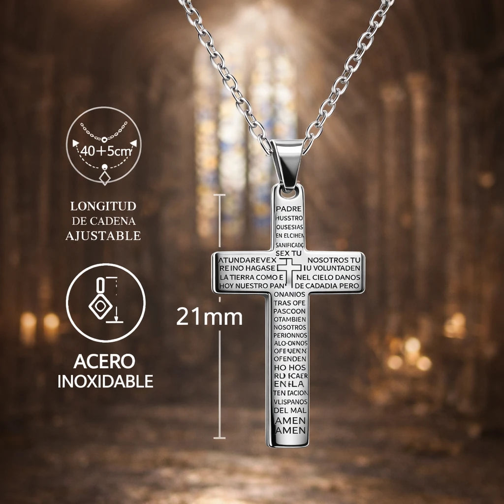 Collar con Cruz Y Oración del Padre Nuestro en Acero detalle