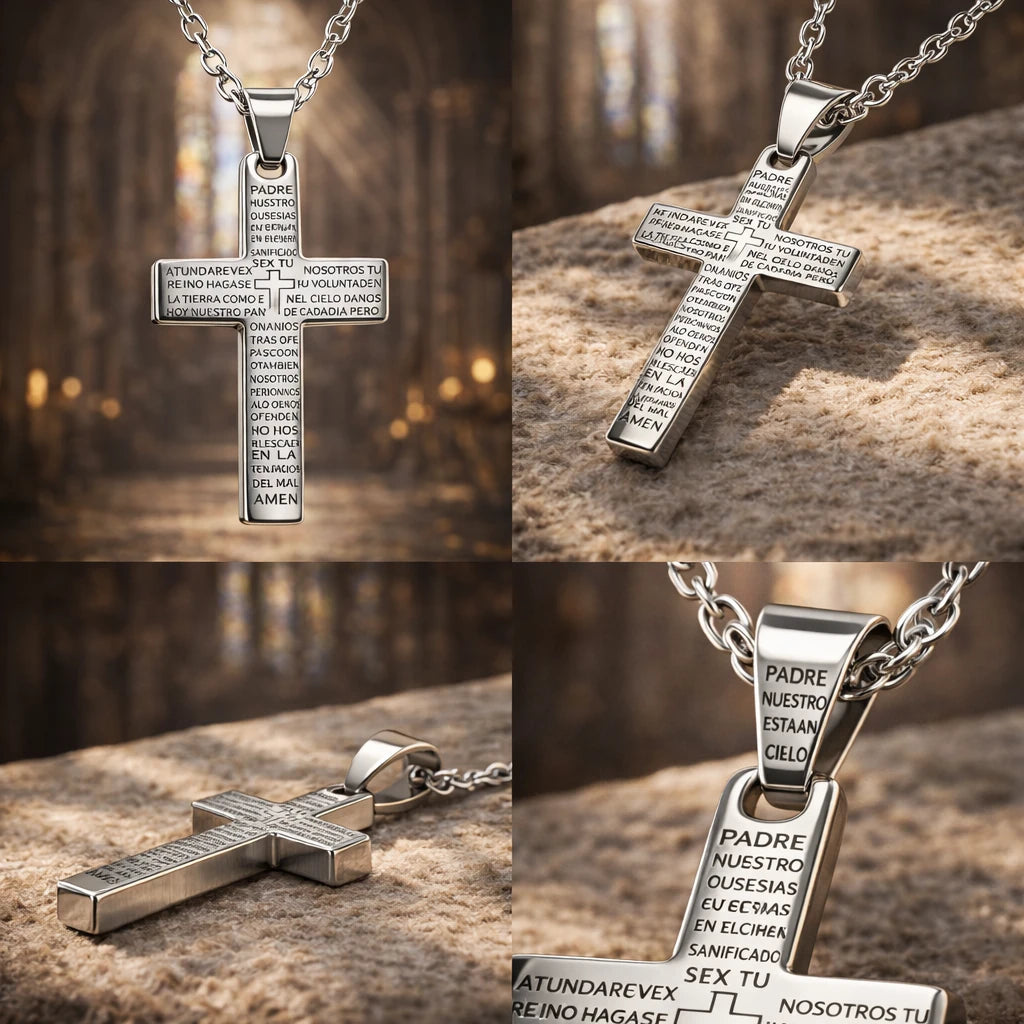 Collar con Cruz Y Oración del Padre Nuestro en Acero acabado