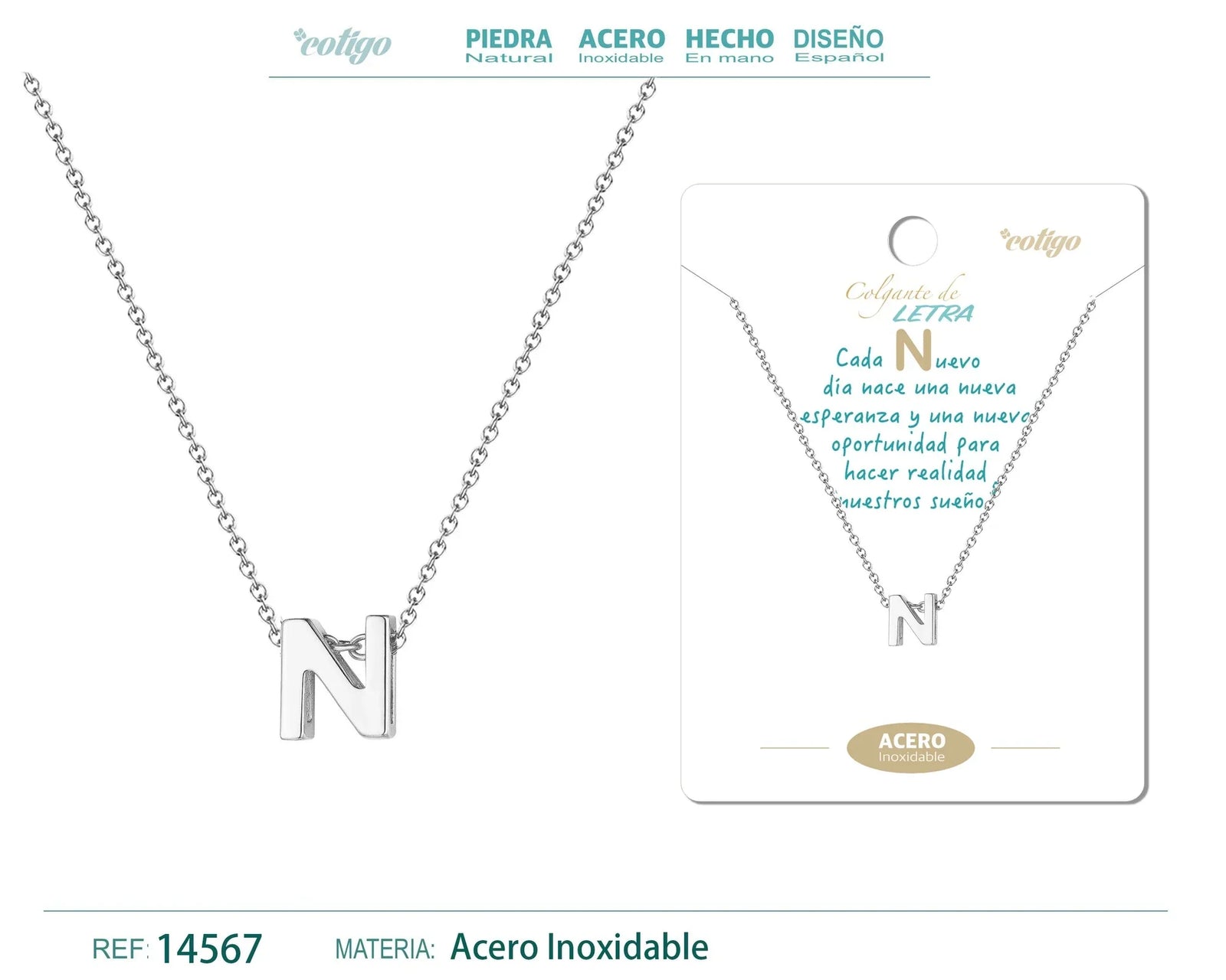 Collar Letra N Acero Plateado