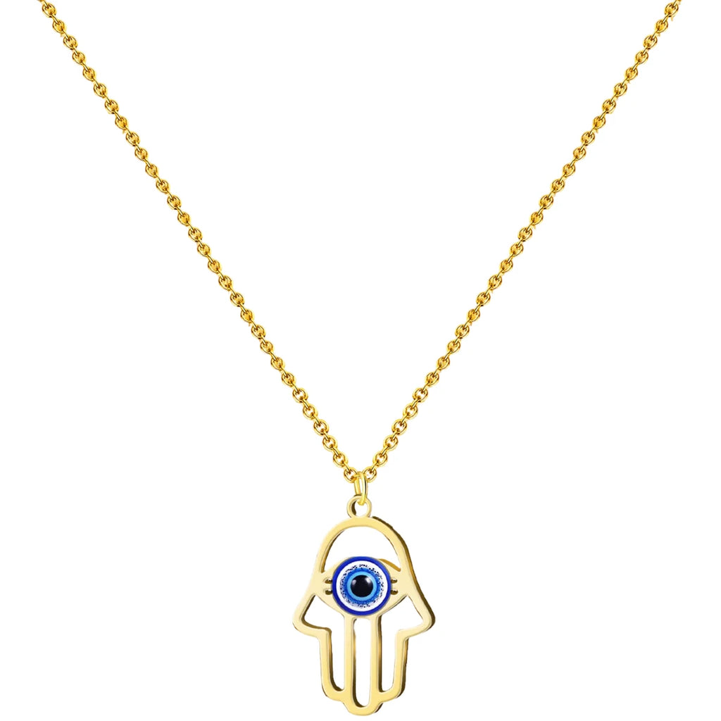 Collar de acero inoxidable dorado con colgante de Mano de Fátima y ojo turco azul central.