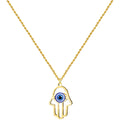 Collar de acero inoxidable dorado con colgante de Mano de Fátima y ojo turco azul central.