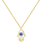 Collar de acero inoxidable dorado con colgante de Mano de Fátima y ojo turco azul central.