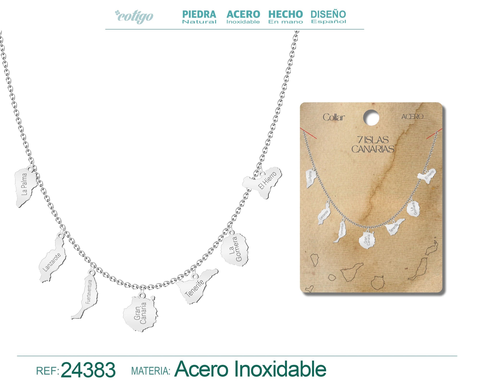 Collar Mapa de 7 Islas Canarias con Nombres Acero Plateado acabado