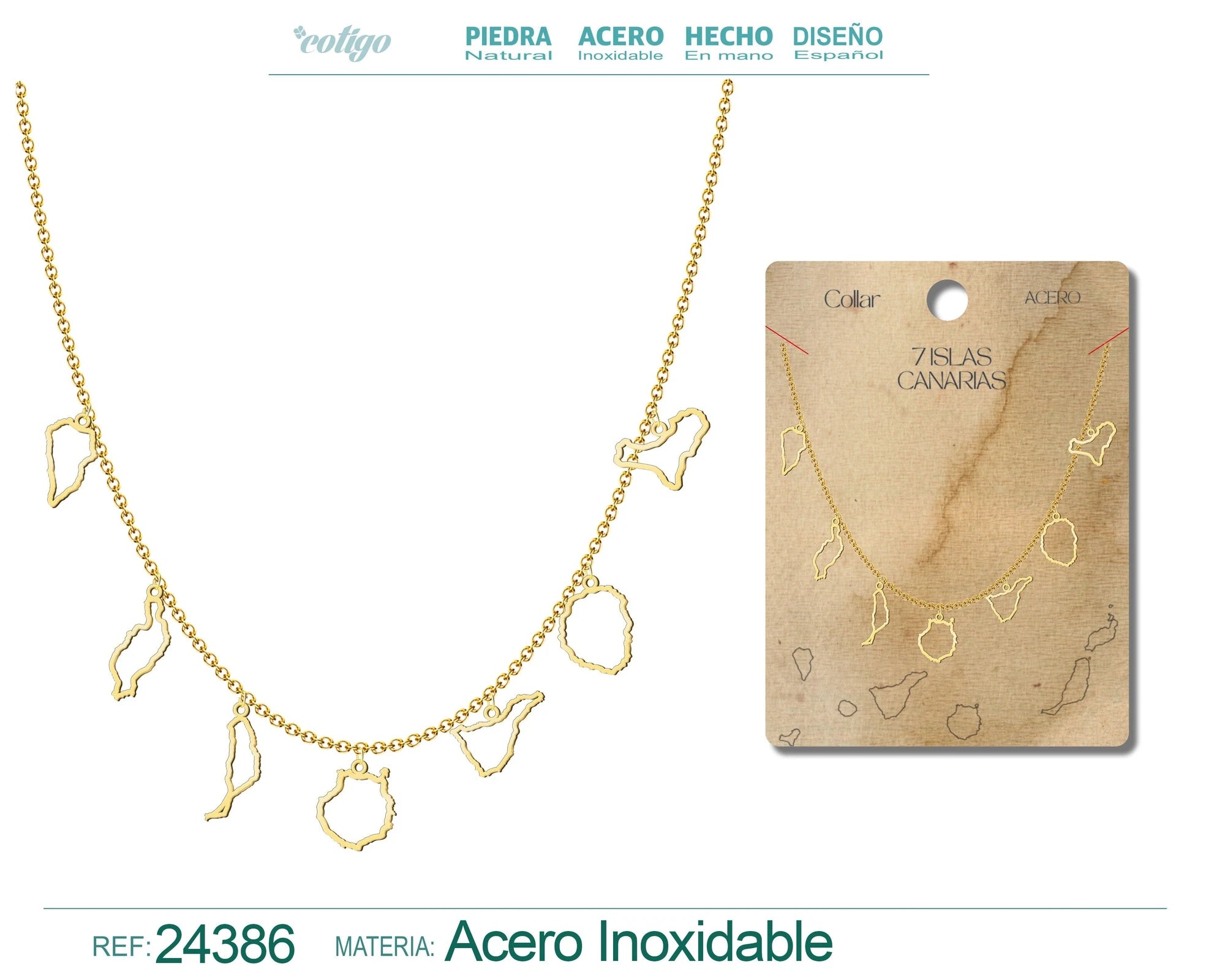 Collar Mapa de 7 Islas Canarias Silueta Acero Dorado acabado