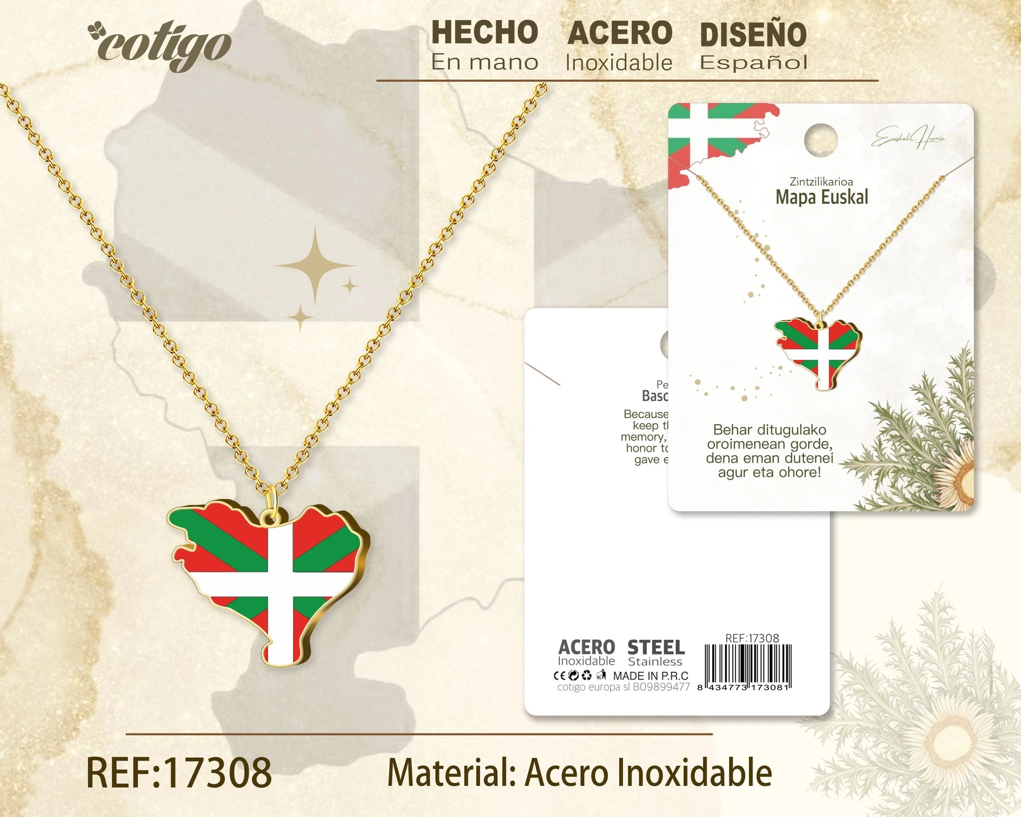 Collar Mapa Euskal Herria con Ikurriña Dorado acabado