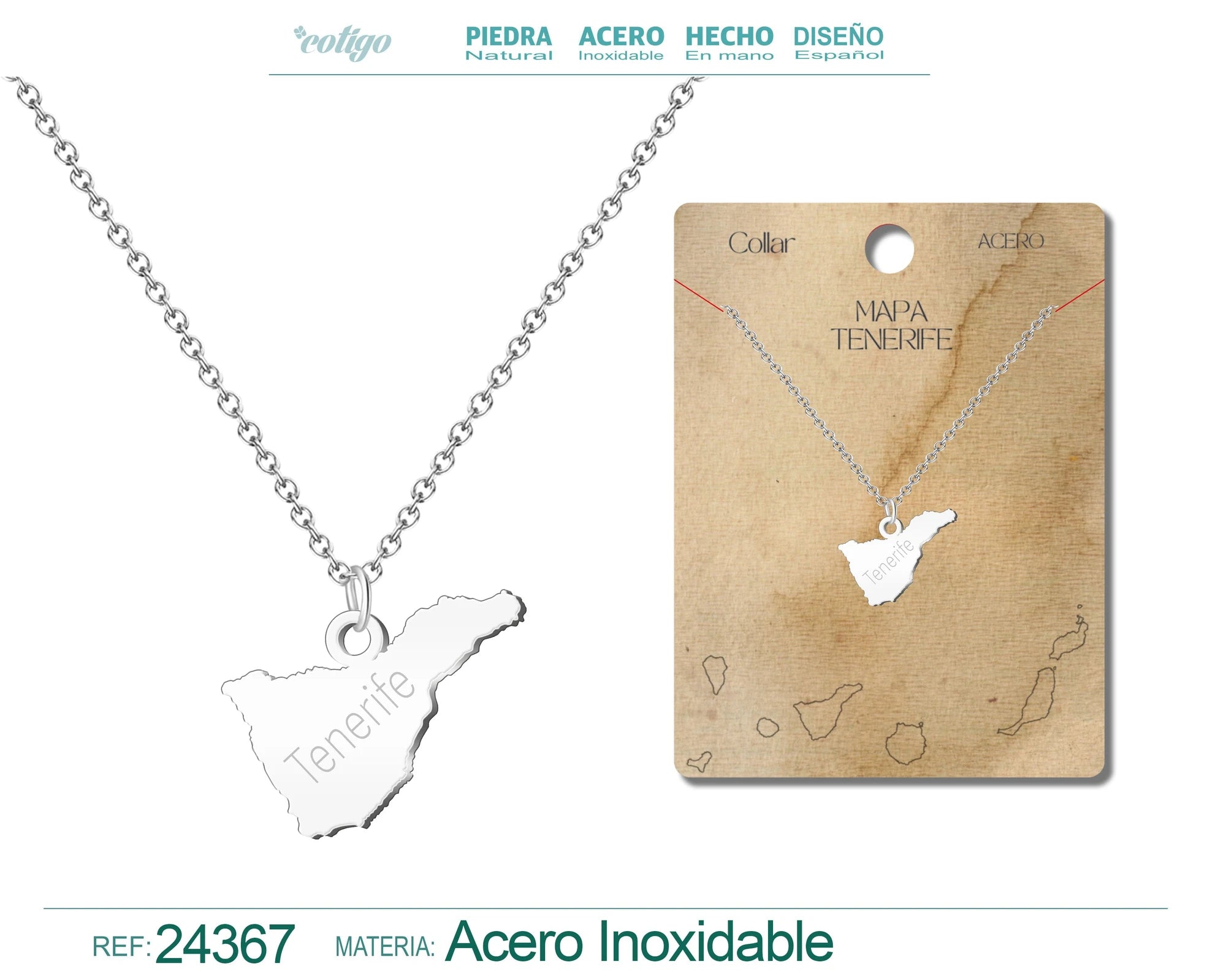 Collar Mapa de Tenerife Acero Plateado acabado