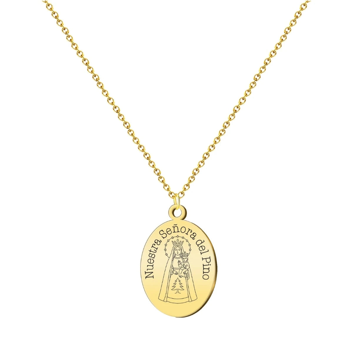 Collar con medalla ovalada dorada grabada de Nuestra Señora del Pino en acero inoxidable bañado en oro