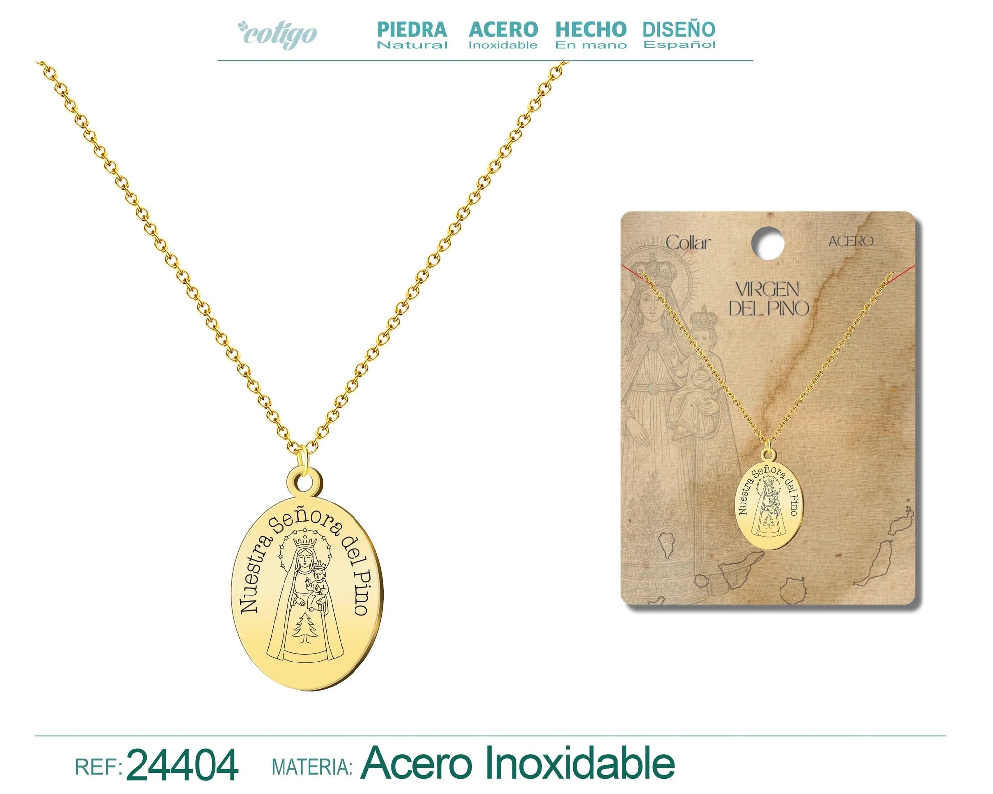 Collar Medalla Virgen del Pino en Acero Dorado diseño