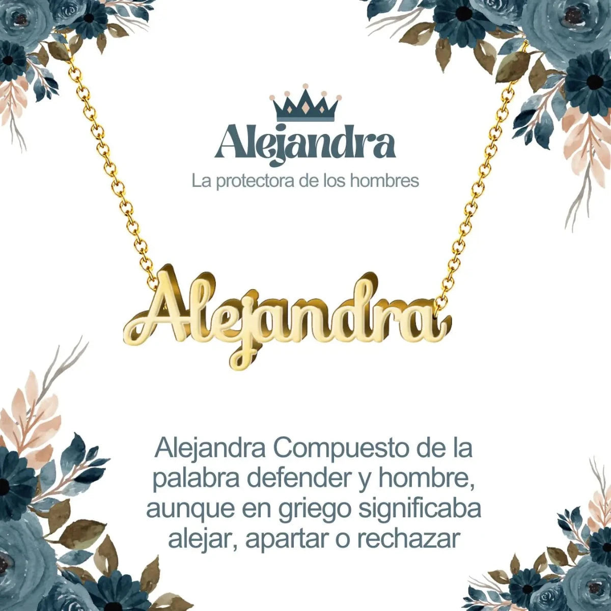 Collar con nombre Alejandra diseño majestuoso bañado en oro 14k significado de protectora y defensora regalo mujer líder.