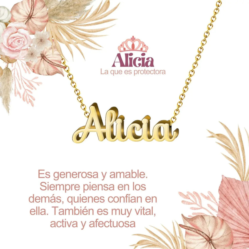 Collar con nombre Alicia diseño noble bañado en oro 14k significado de verdad y nobleza regalo mujer sincera.