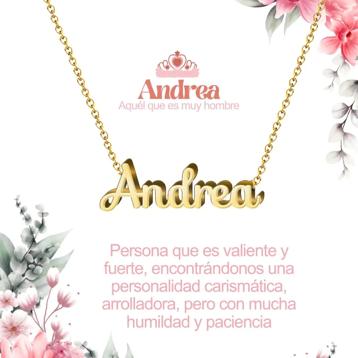Collar con nombre Andrea diseño valiente bañado en oro 14k significado de mujer fuerte y coraje regalo mujer segura.