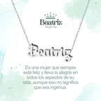 Collar con nombre Beatriz en acero inoxidable plateado resistente al agua joya viajera regalo para mujer aventurera.