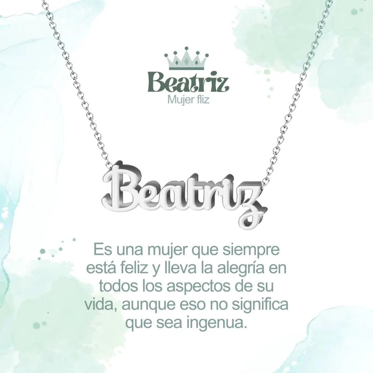 Collar con nombre Beatriz en acero inoxidable plateado resistente al agua joya viajera regalo para mujer aventurera.