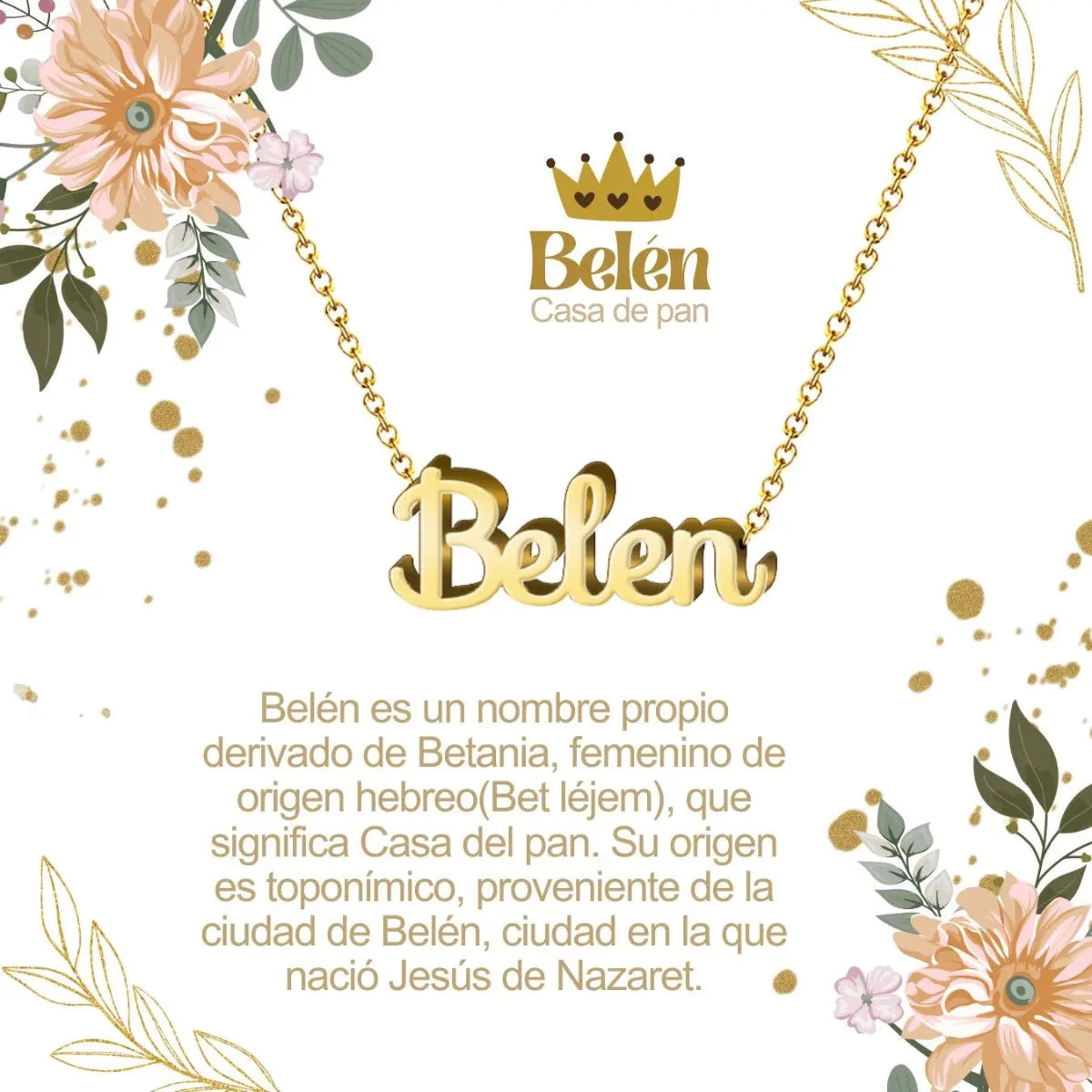 Collar con nombre Belén diseño cálido bañado en oro 14k significado de casa del pan y hogar regalo mujer familiar.