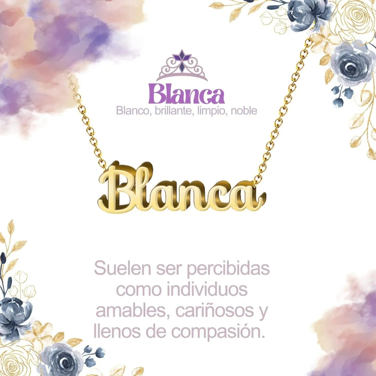 Collar con nombre Blanca diseño luminoso bañado en oro 14k significado de pureza y brillo regalo mujer elegante.