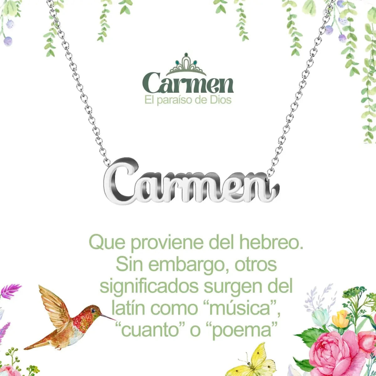 Collar con nombre Carmen en acero inoxidable plateado resistente al agua joya fuerte regalo para mujer auténtica.