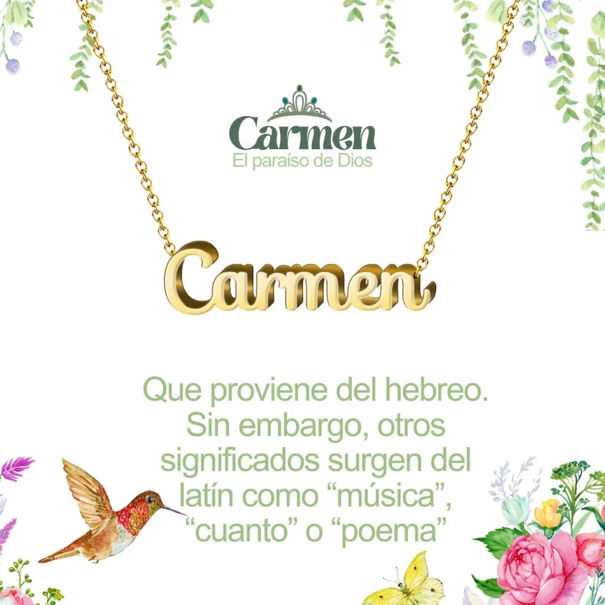Collar con nombre Carmen diseño apasionado bañado en oro 14k significado de poema y jardín regalo mujer con carácter.