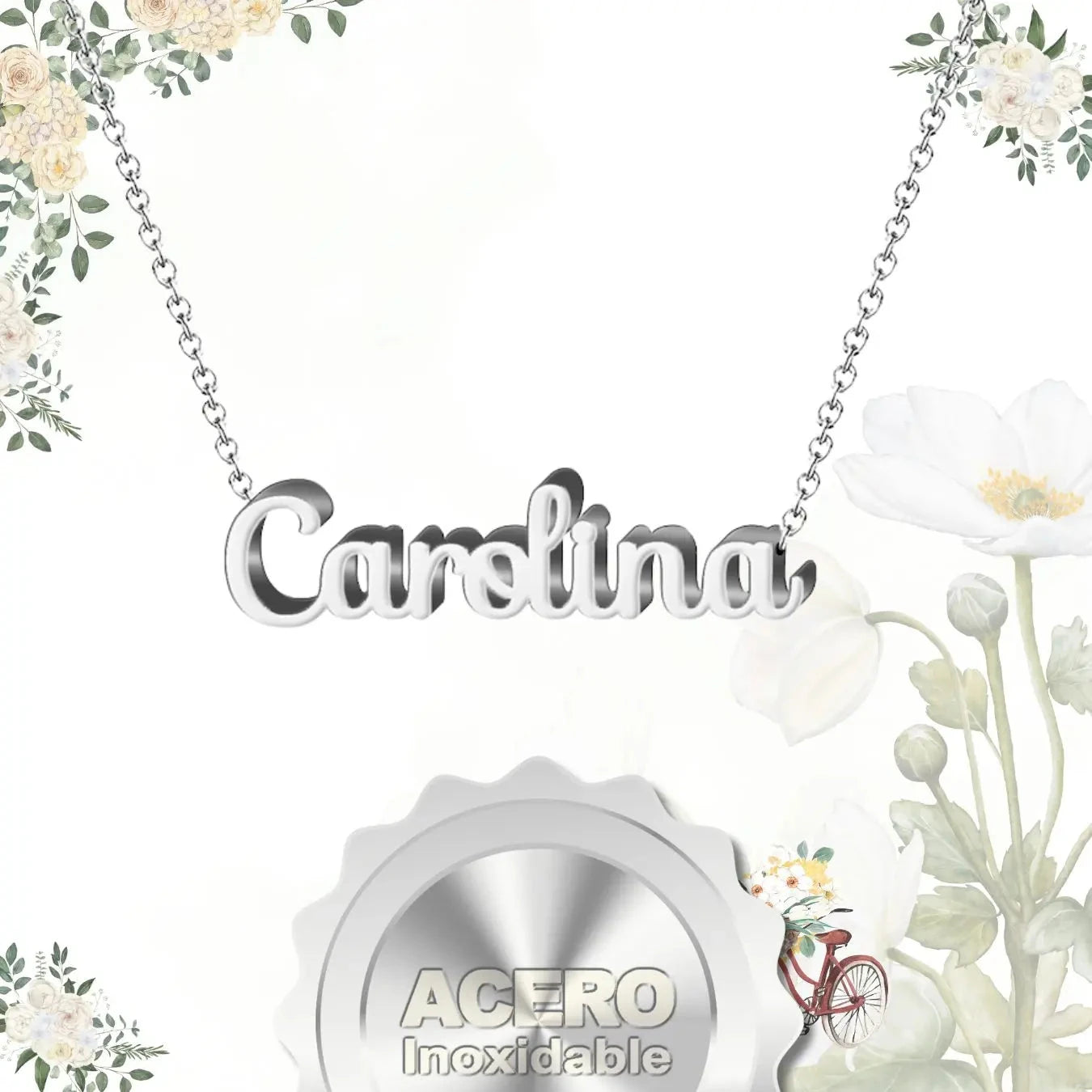 Collar Edición Nombre "carolina" - Acero Tono Plateado textura