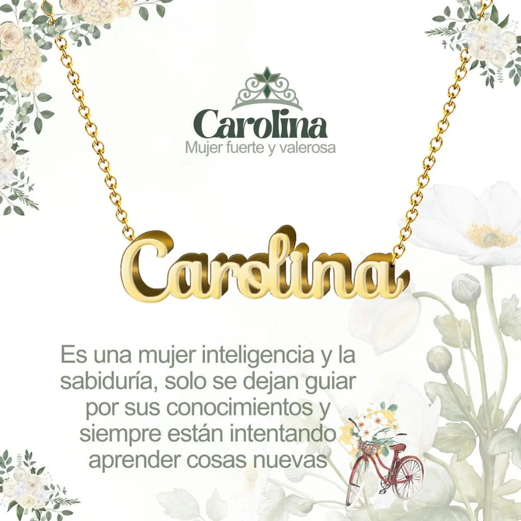 Collar con nombre Carolina diseño melodioso bañado en oro 14k significado de mujer libre y fuerte regalo mujer dulce.