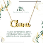 Collar con nombre Clara diseño luminoso bañado en oro 14k significado de brillo e inteligencia regalo mujer radiante.