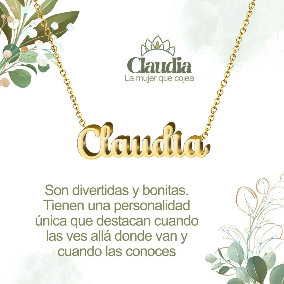 Collar con nombre Claudia diseño noble bañado en oro 14k significado de distinción y linaje romano regalo mujer elegante.