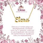 Collar con nombre Elena diseño luminoso bañado en oro 14k significado de luz brillante y antorcha regalo mujer radiante.