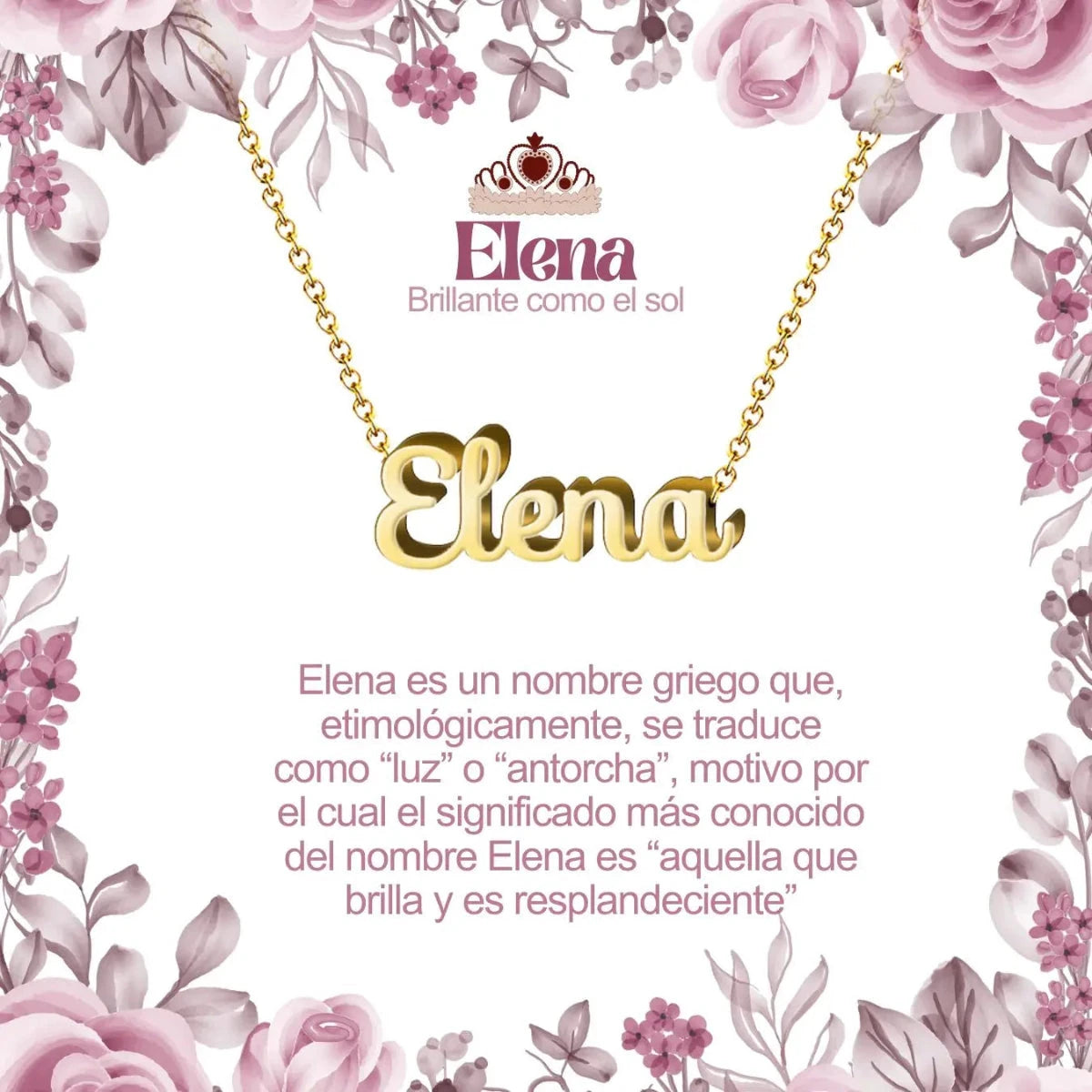 Collar con nombre Elena diseño luminoso bañado en oro 14k significado de luz brillante y antorcha regalo mujer radiante.