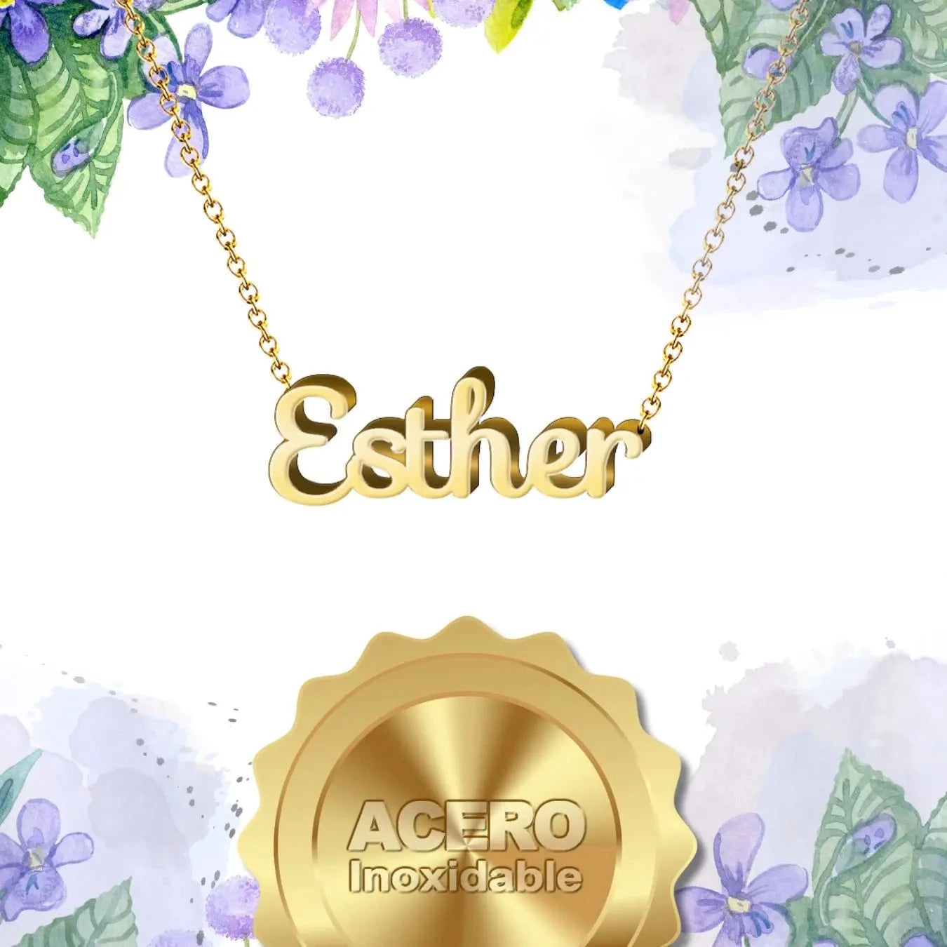 Collar Edición Nombre "esther" - Brillo de Estrella Bañada en Oro 14K textura