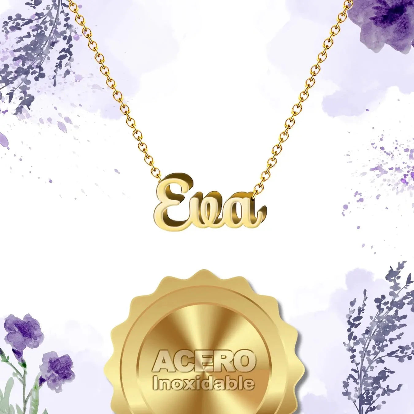 Collar Edición Nombre "eva" - Fuente de Vida Bañada en Oro 14K textura