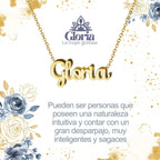 Collar con nombre Gloria diseño resplandeciente bañado en oro 14k significado de fama y esplendor regalo mujer exitosa.