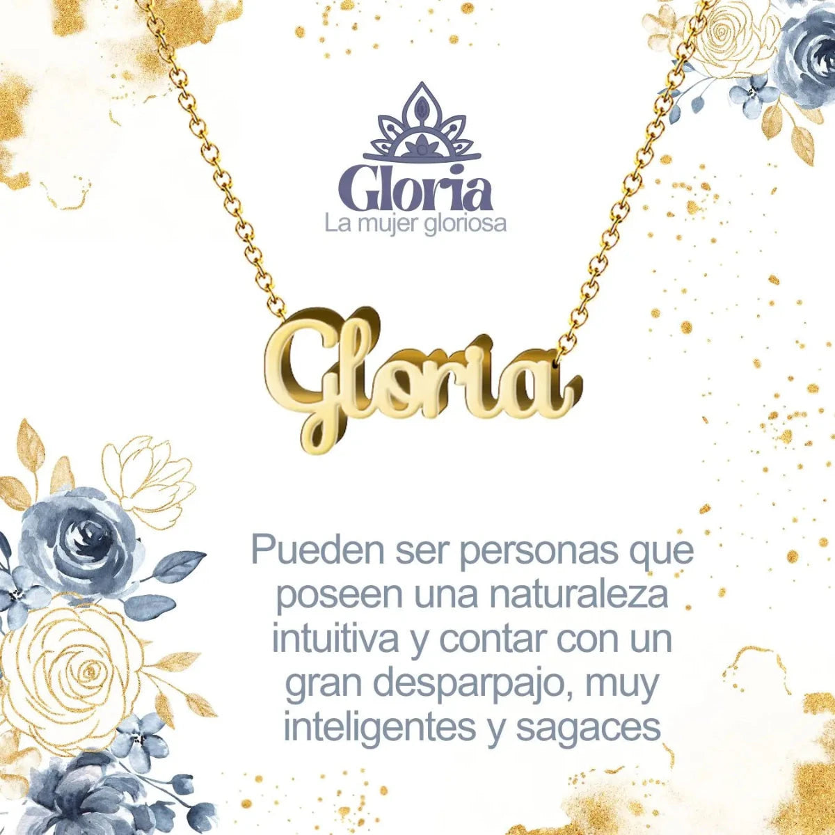 Collar con nombre Gloria diseño resplandeciente bañado en oro 14k significado de fama y esplendor regalo mujer exitosa.