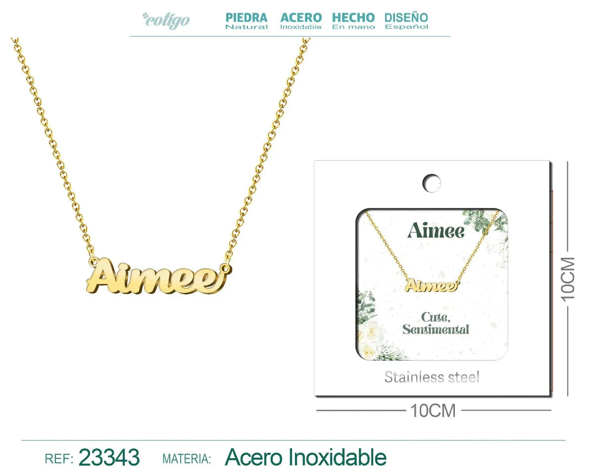 Collar dorado con nombre Aimee escrito en inglés diseño elegante y acabado brillante